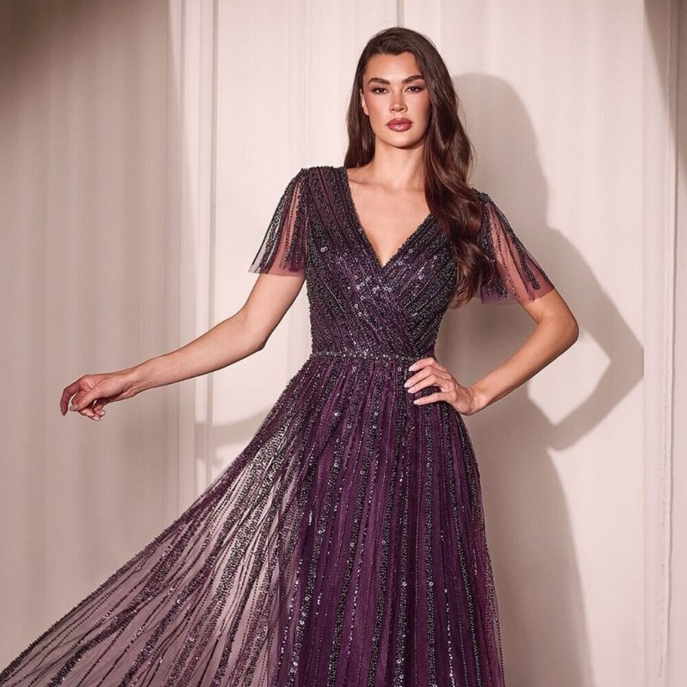 NEW LONG FORMAL A-LINE TULLE GOWN W/ BUTTERFLY SLEEVES & BEADED DESIGN CD0241